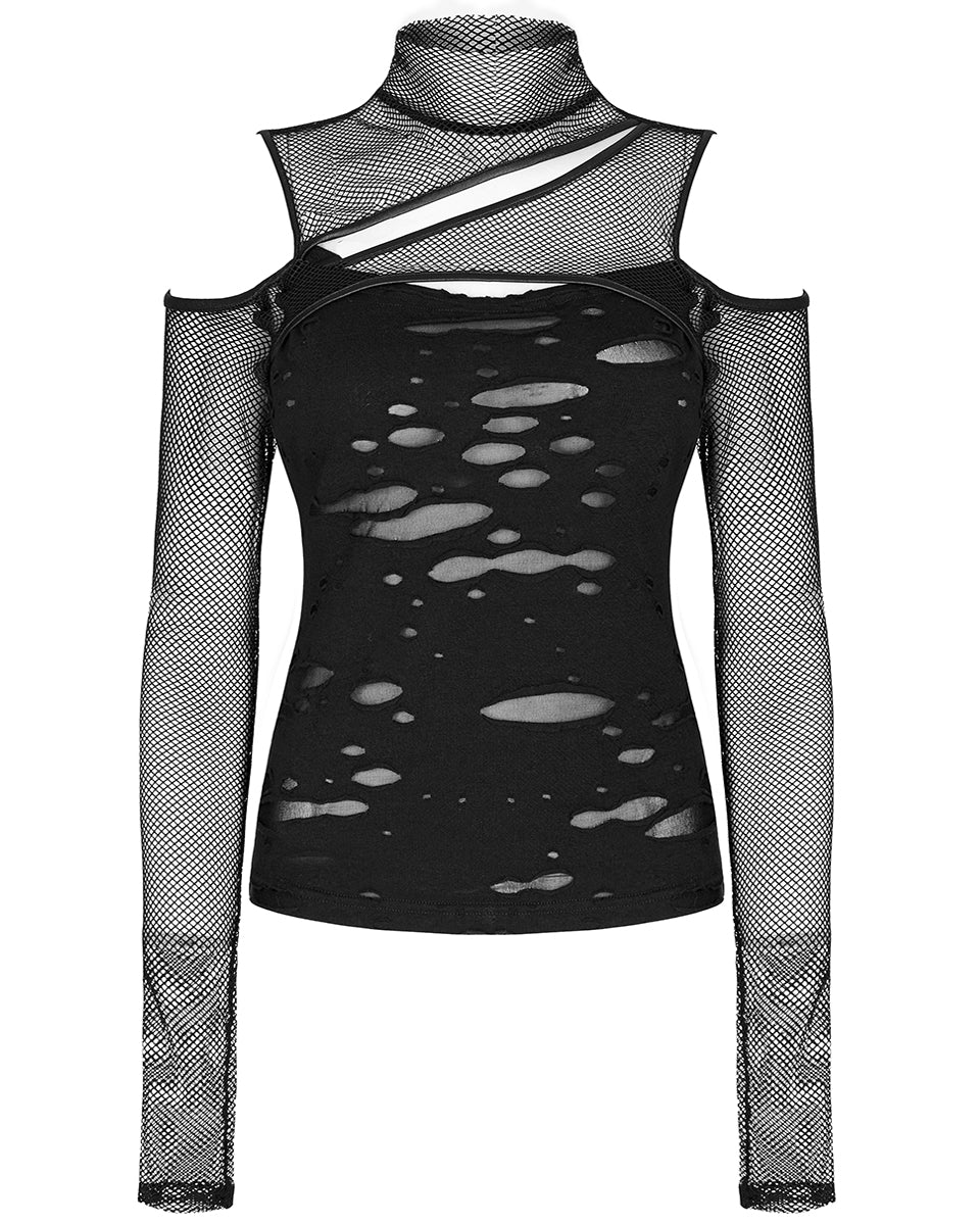 WT-744 Womens Apocalyptic Punk Broken Knit & Fishnet Top