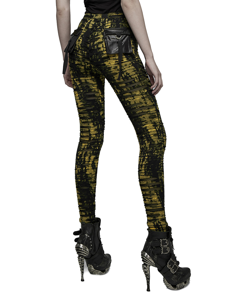 WK-492 Womens Apocalyptic Punk Coated Broken Knit Leggings - Black & Yellow