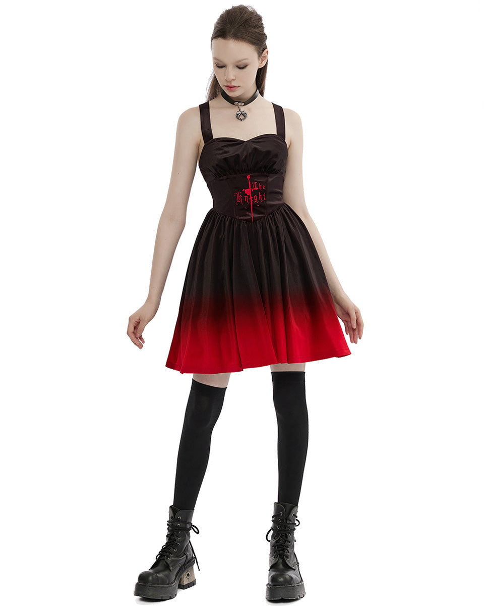 OPQ-1339 Daily Life Dark Knight Gothic Gradient Velvet Slip Dress - Black & Red