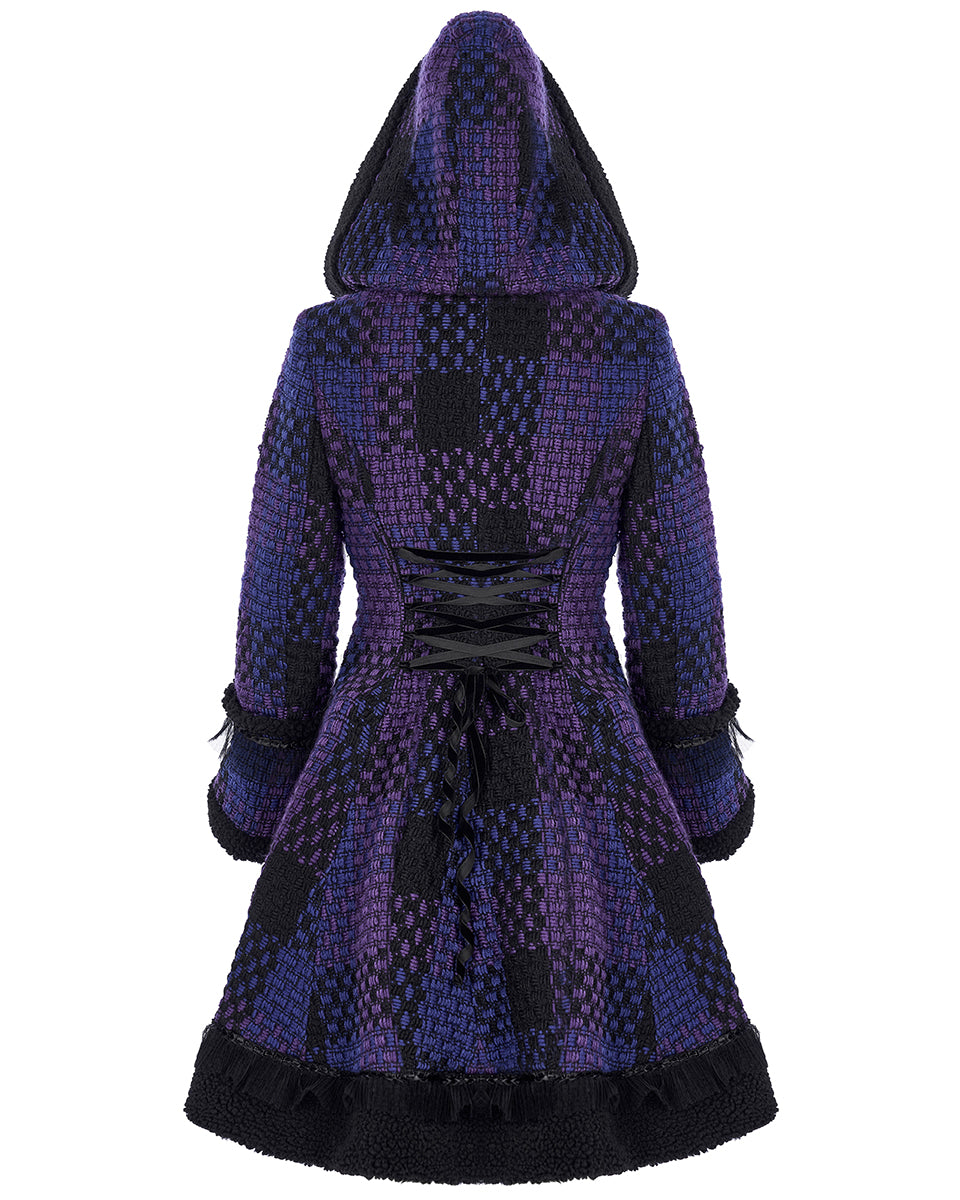 WLY-102 Pyon Pyon Womens Gothic Lolita Hooded Coat - Black & Purple Check