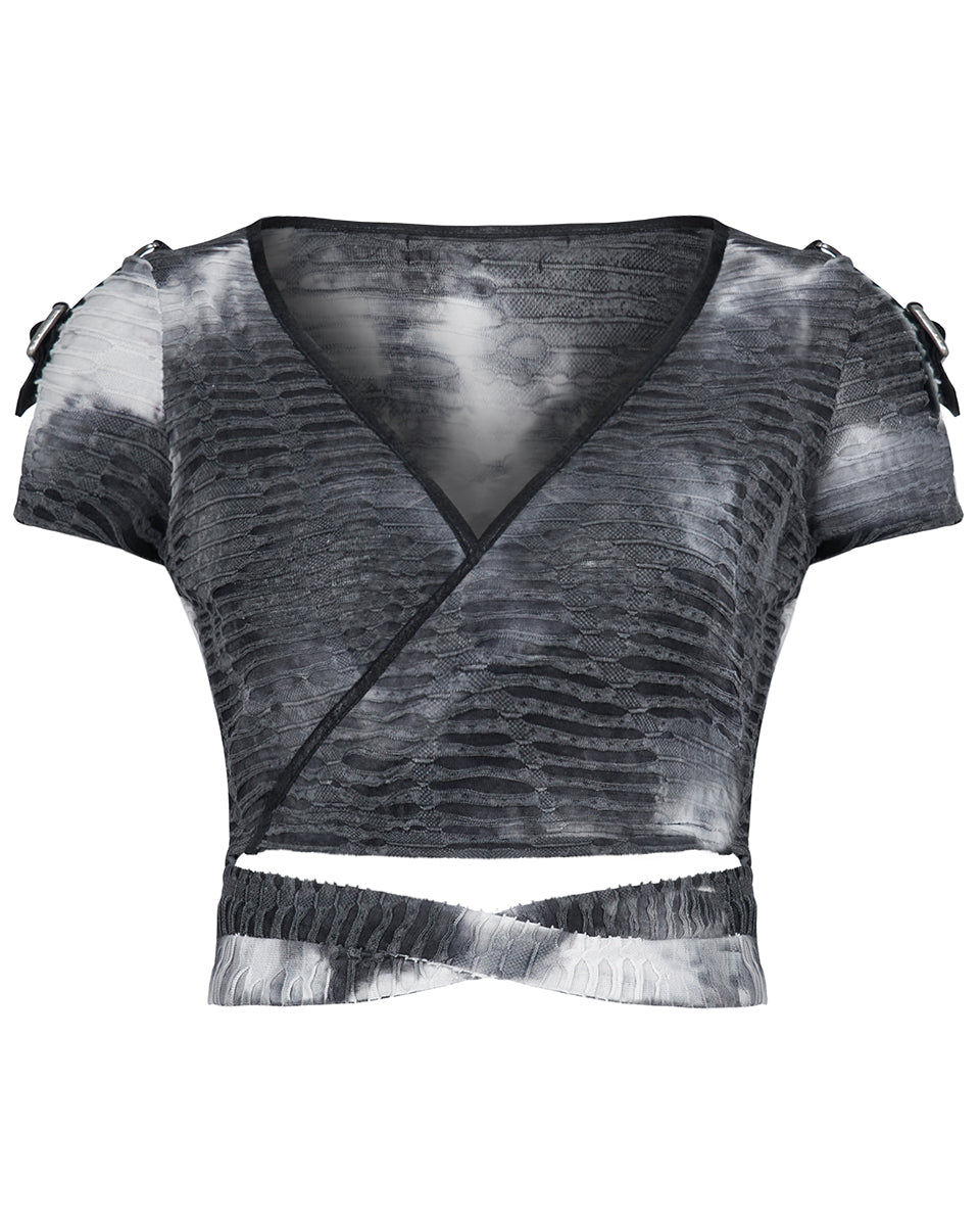 WT-647 This Corrosion Womens Apocalyptic Punk Bandage Top - Grey Tie Dye