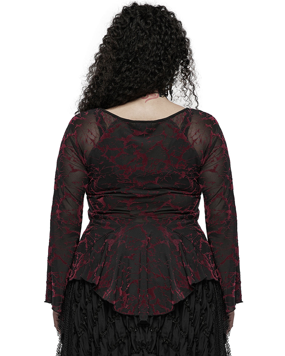 DT-731 Plus Size Womens Gothic Flocked Mesh Tunic Top - Black & Red