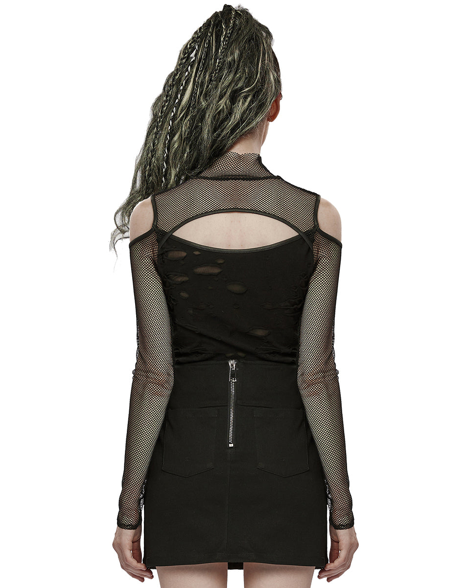 WT-744 Womens Apocalyptic Punk Broken Knit & Fishnet Top