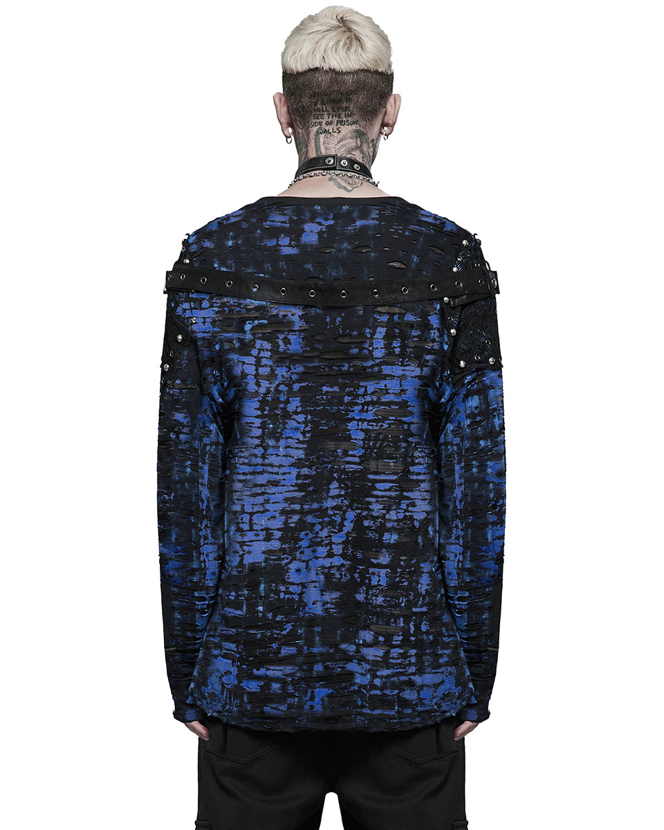 WT-708 Mens Apocalyptic Broken Mesh Tee - Black & Blue