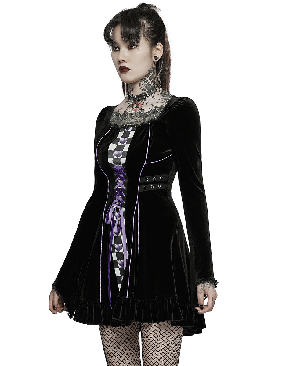 WLQ-102 Pyon Pyon Womens Gothic Harlequin Velvet Dress - Black & Purple