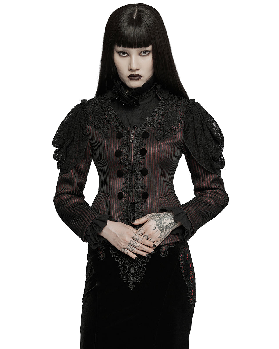 WY-1385 Womens Gothic Lolita Lace Applique Jacket - Red & Black