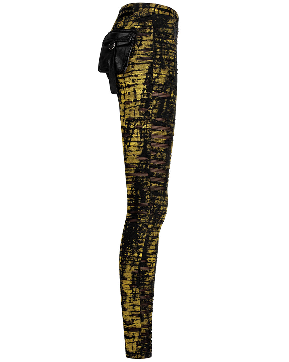 WK-492 Womens Apocalyptic Punk Coated Broken Knit Leggings - Black & Yellow