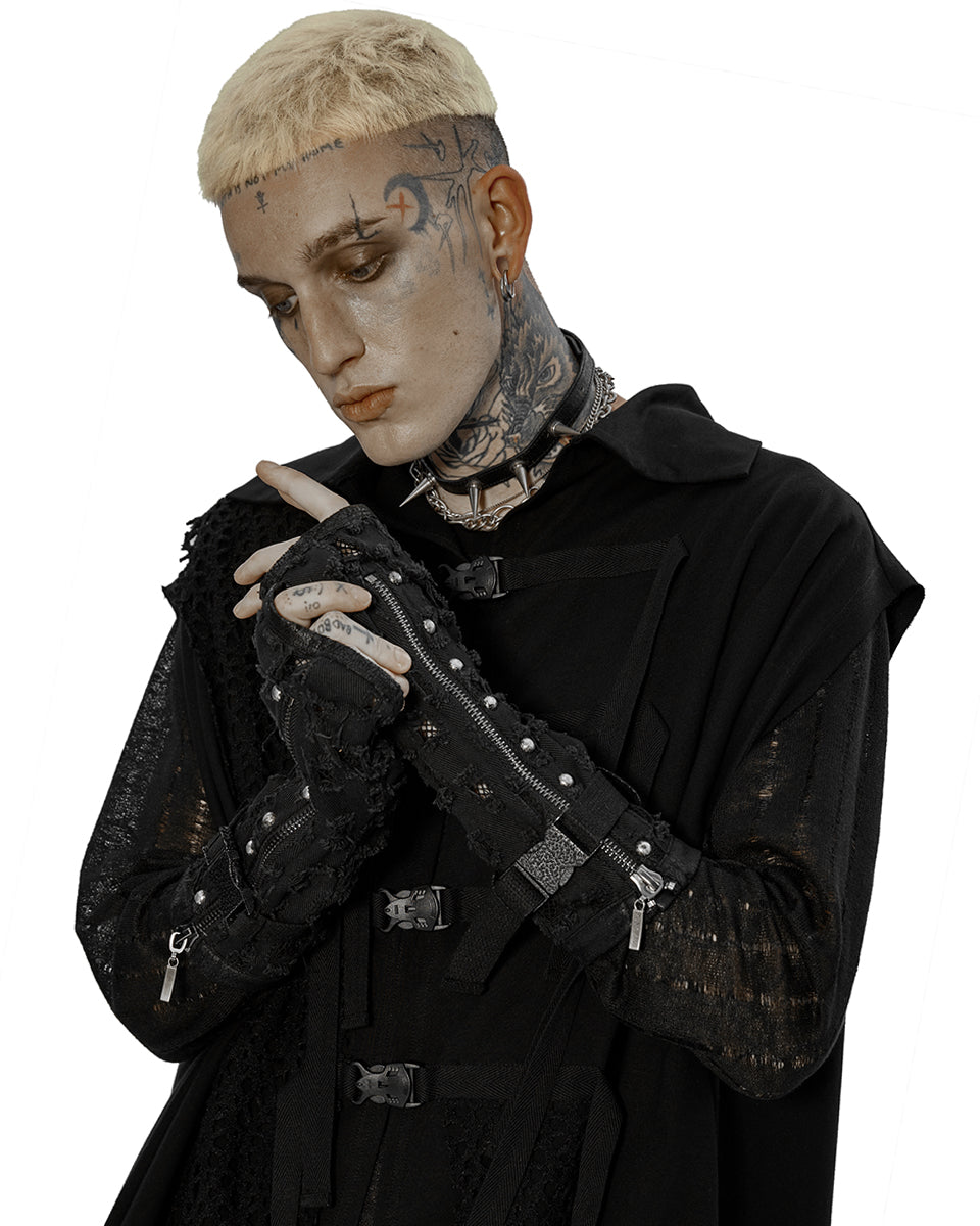 WS-521 Mens Apocalyptic Punk Shredded Denim & Mesh Studded Fingerless Gloves