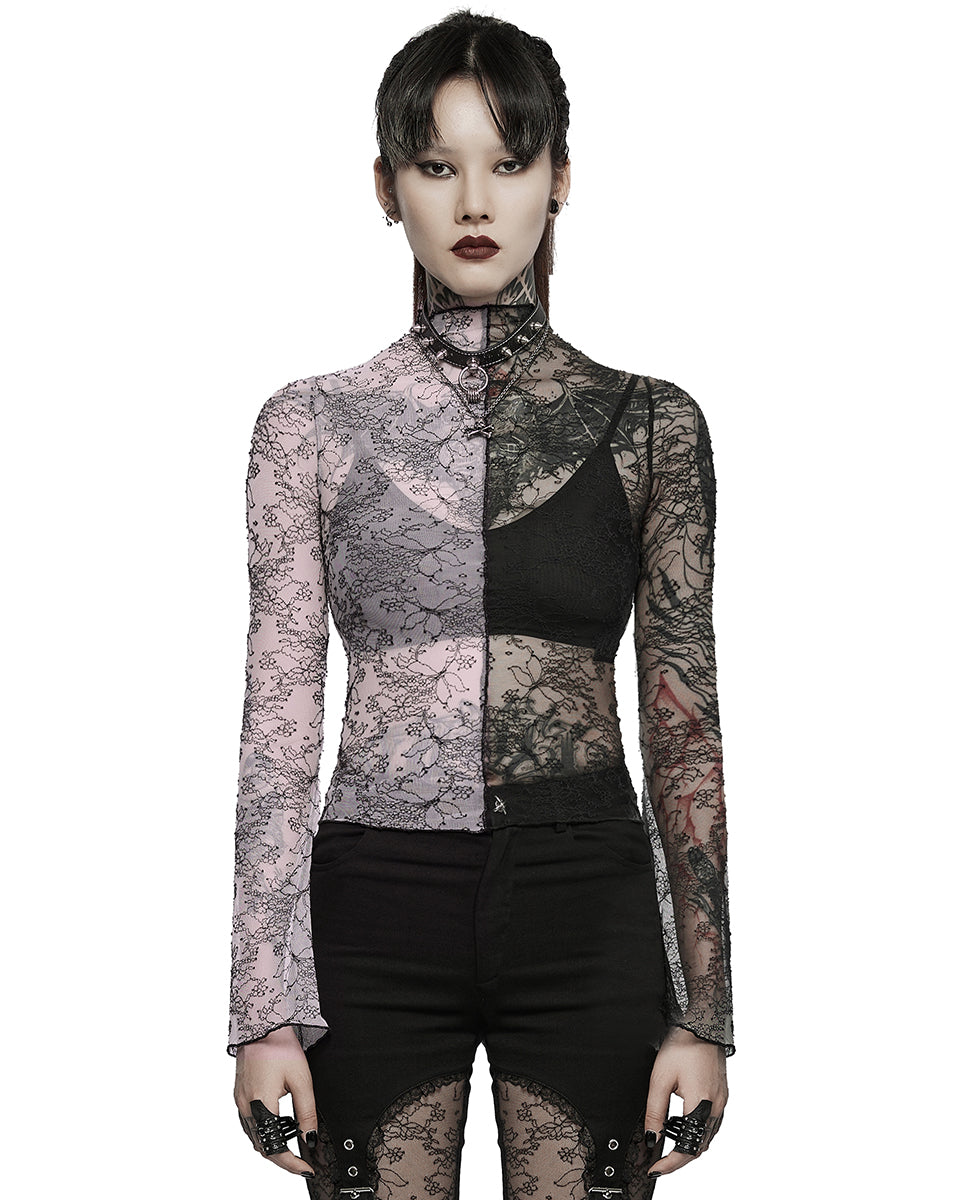 WT-727 Womens Gothic Poison Ivy Sheer Mesh Split Top - Black & Pink