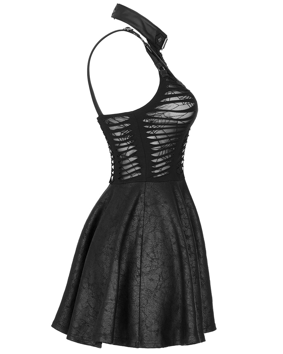 WQ-547 Womens Laser Cut Cobweb Mesh Bondage Mini Dress