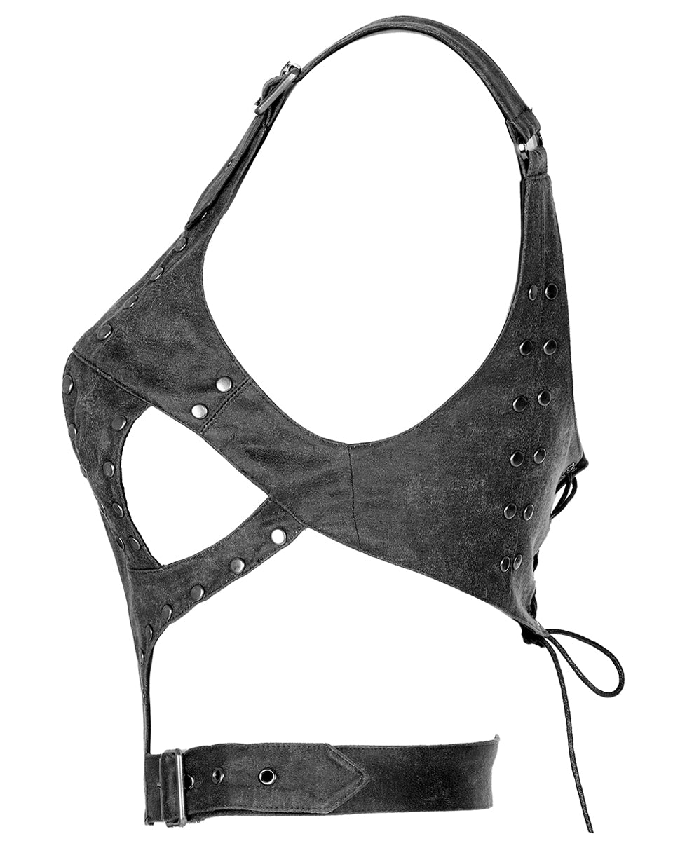 WS-482 Darksaga Womens Apocalyptic Harness Top - Distressed Grey