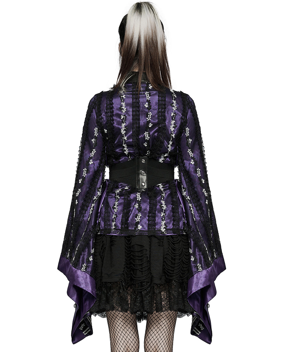 WLY-103 Pyon Pyon Womens Gothic Lolita Floral Embroidered Kimono Jacket - Purple & Black