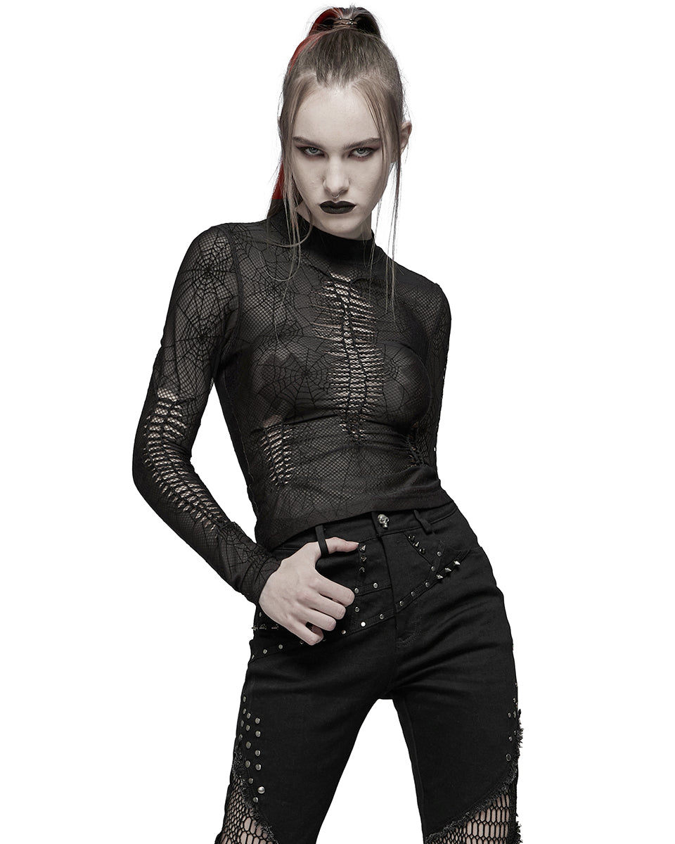 WT-695 Arachnaphilia Womens Shredded Mesh Top - Black