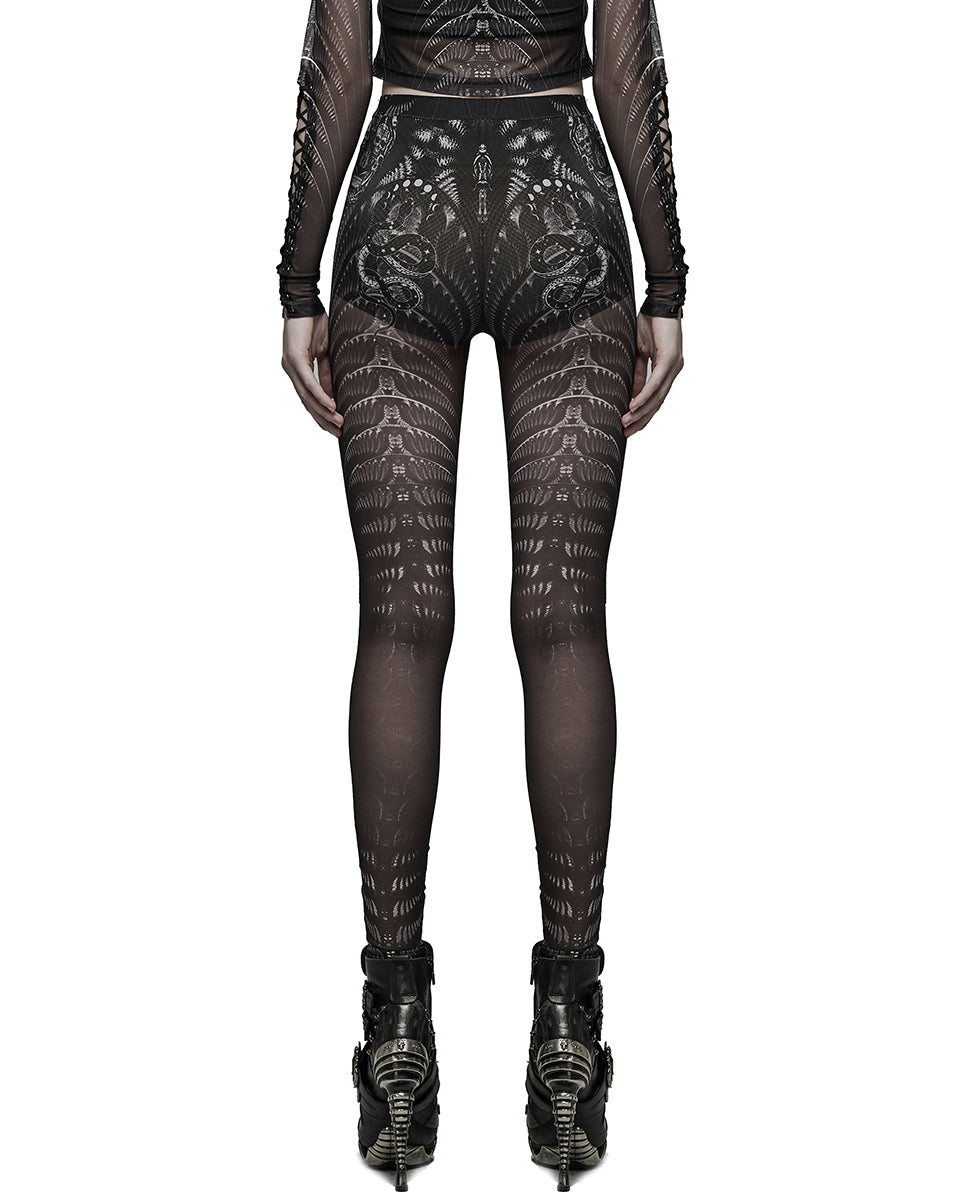 WK-491 Womens Serpentine Printed Mesh Cyberpunk Leggings - Black & White