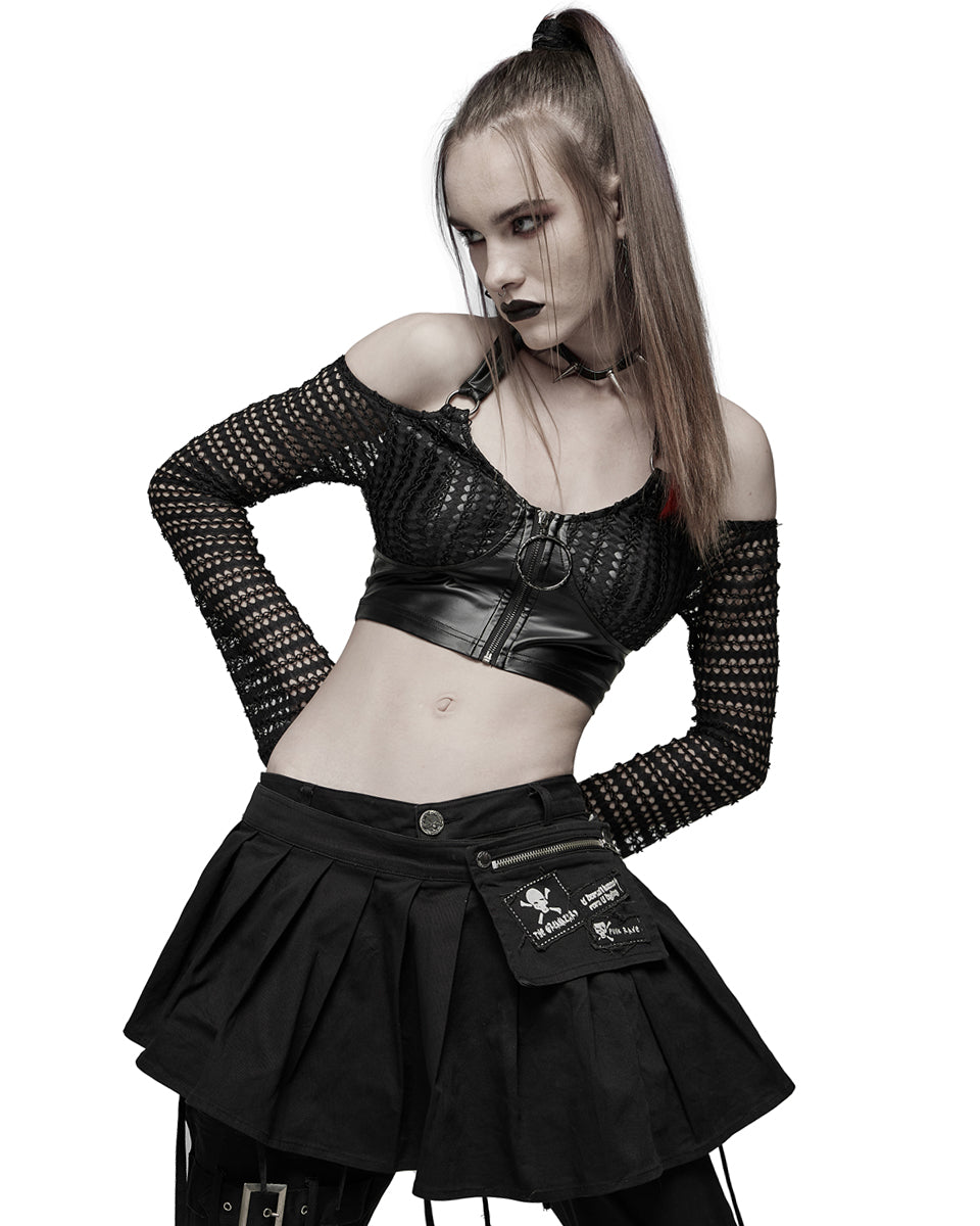 WT-690 Womens Cyberpunk PU & Mesh Off Shoulder Top