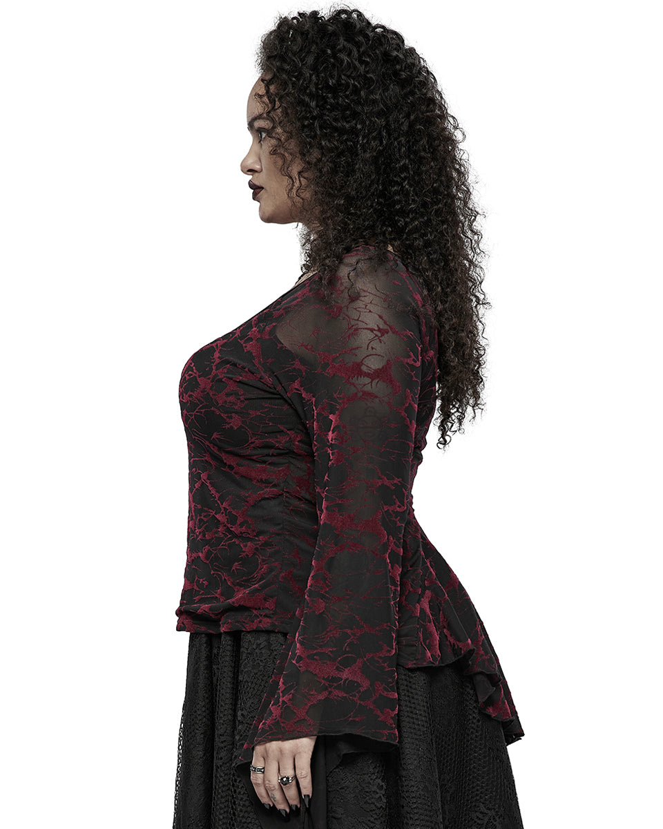 DT-731 Plus Size Womens Gothic Flocked Mesh Tunic Top - Black & Red