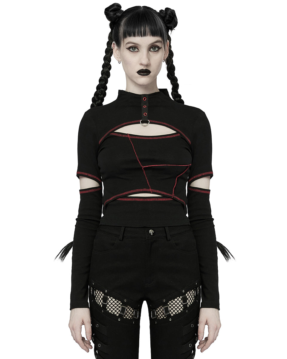 WT-746 Womens Cyberpunk Cut Out Splicing Top - Black & Red