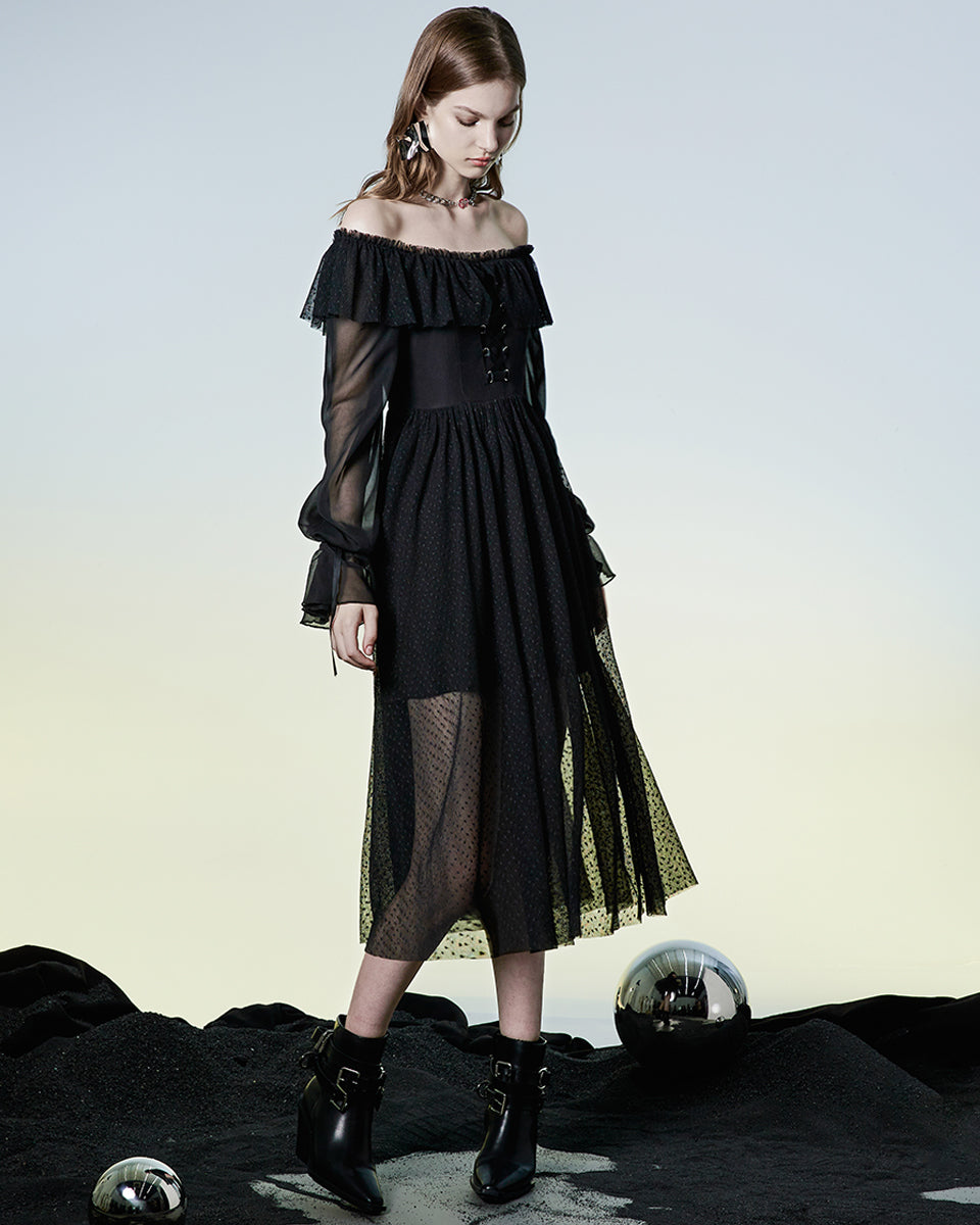 OPQ-1144 Daily Life Retrogothic Pleated Chiffon Midi Dress