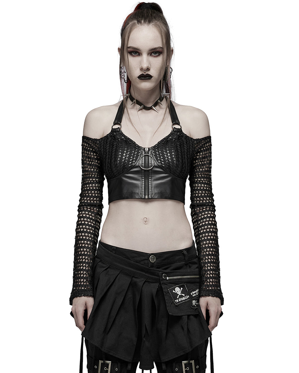 WT-690 Womens Cyberpunk PU & Mesh Off Shoulder Top