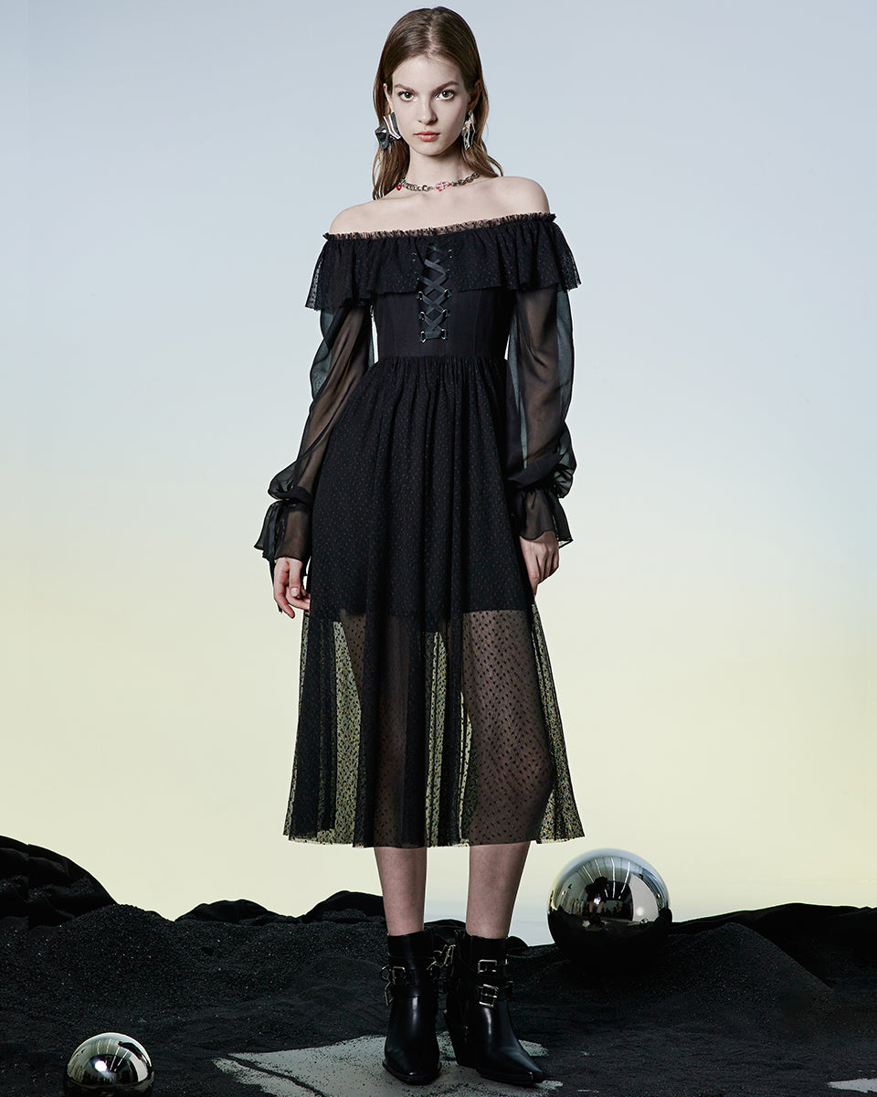 OPQ-1144 Daily Life Retrogothic Pleated Chiffon Midi Dress