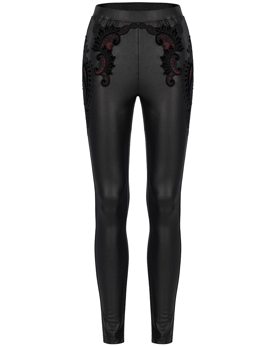 WK-516 Womens Gothic Lace Applique Leggings - Black & Red