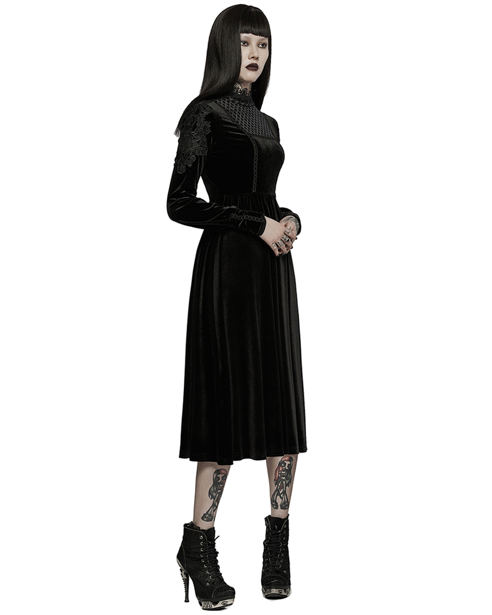 WQ-586 Womens Gothic Lace Applique Velvet Mourning Dress