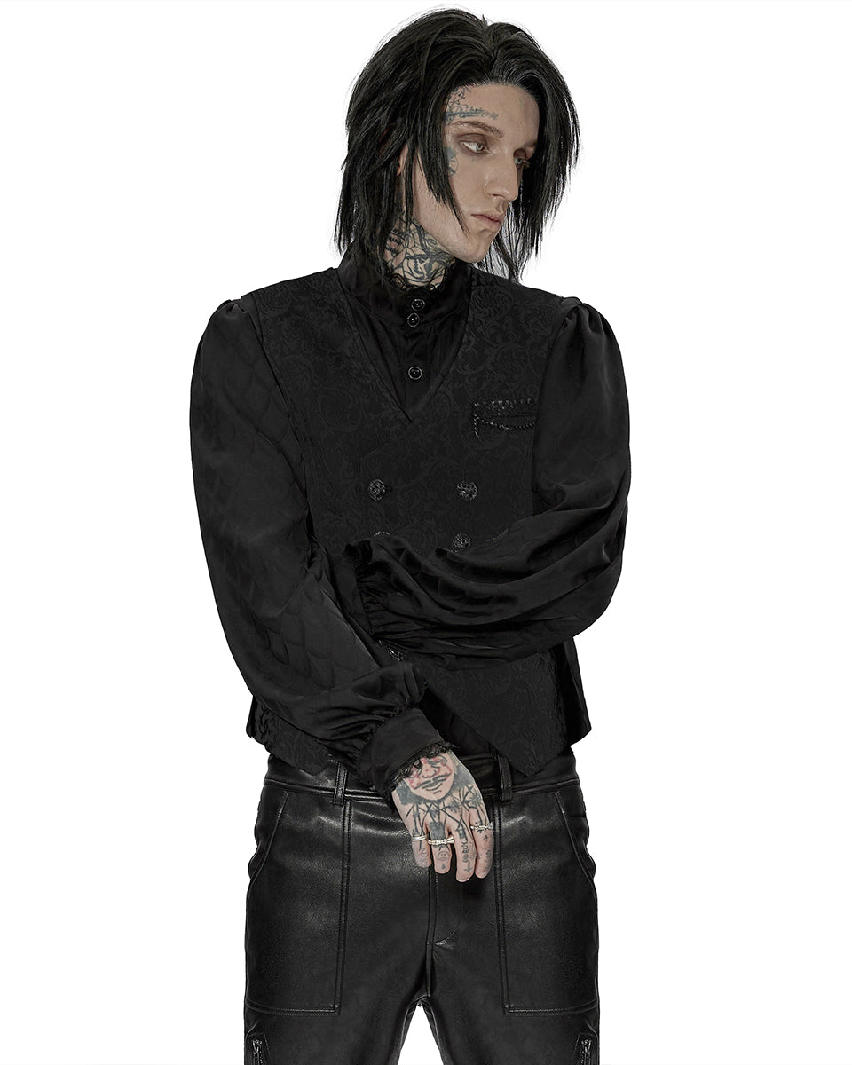 WY-1436 Mens Dark Gothic Aristocrat Chained Waistcoat Vest - Black Jacquard