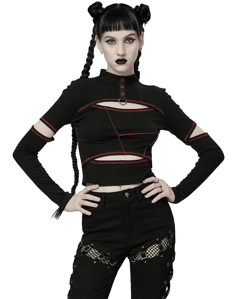 WT-746 Womens Cyberpunk Cut Out Splicing Top - Black & Red