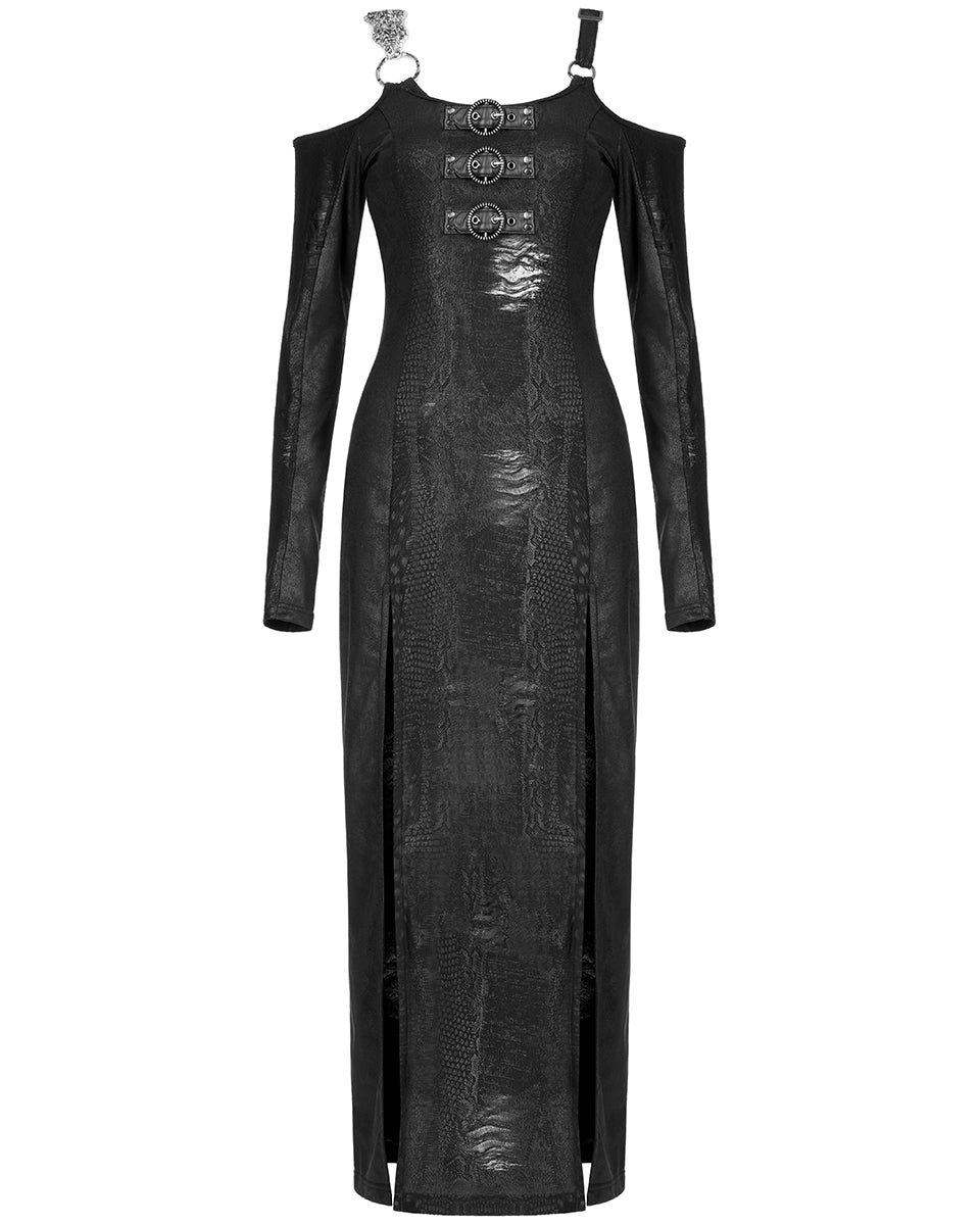 WQ-553 Womens Long Gothic Cyber Punk Serpentine Side Splits Maxi Dress