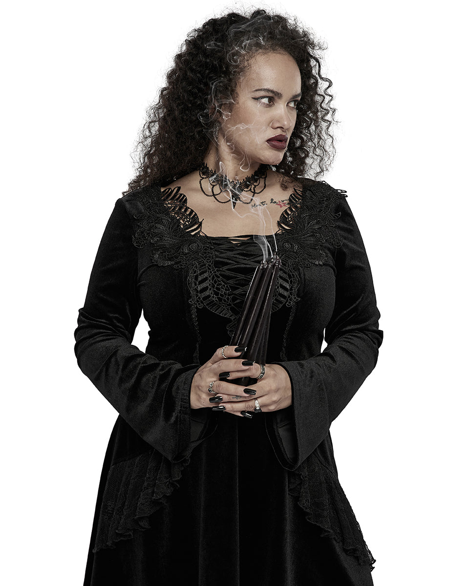 DQ-577 Plus Size Womens Velvet Gothic Lace Applique Dress