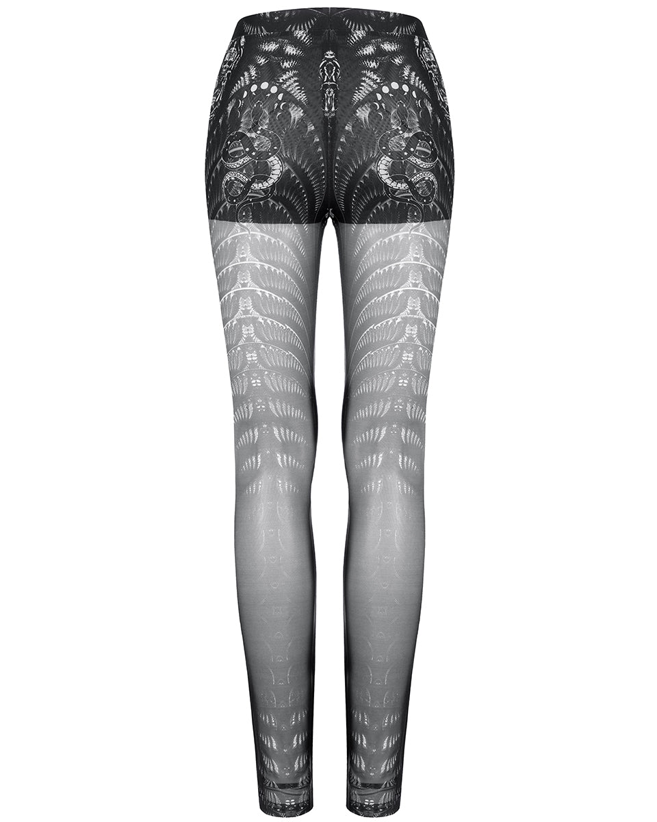 WK-491 Womens Serpentine Printed Mesh Cyberpunk Leggings - Black & White