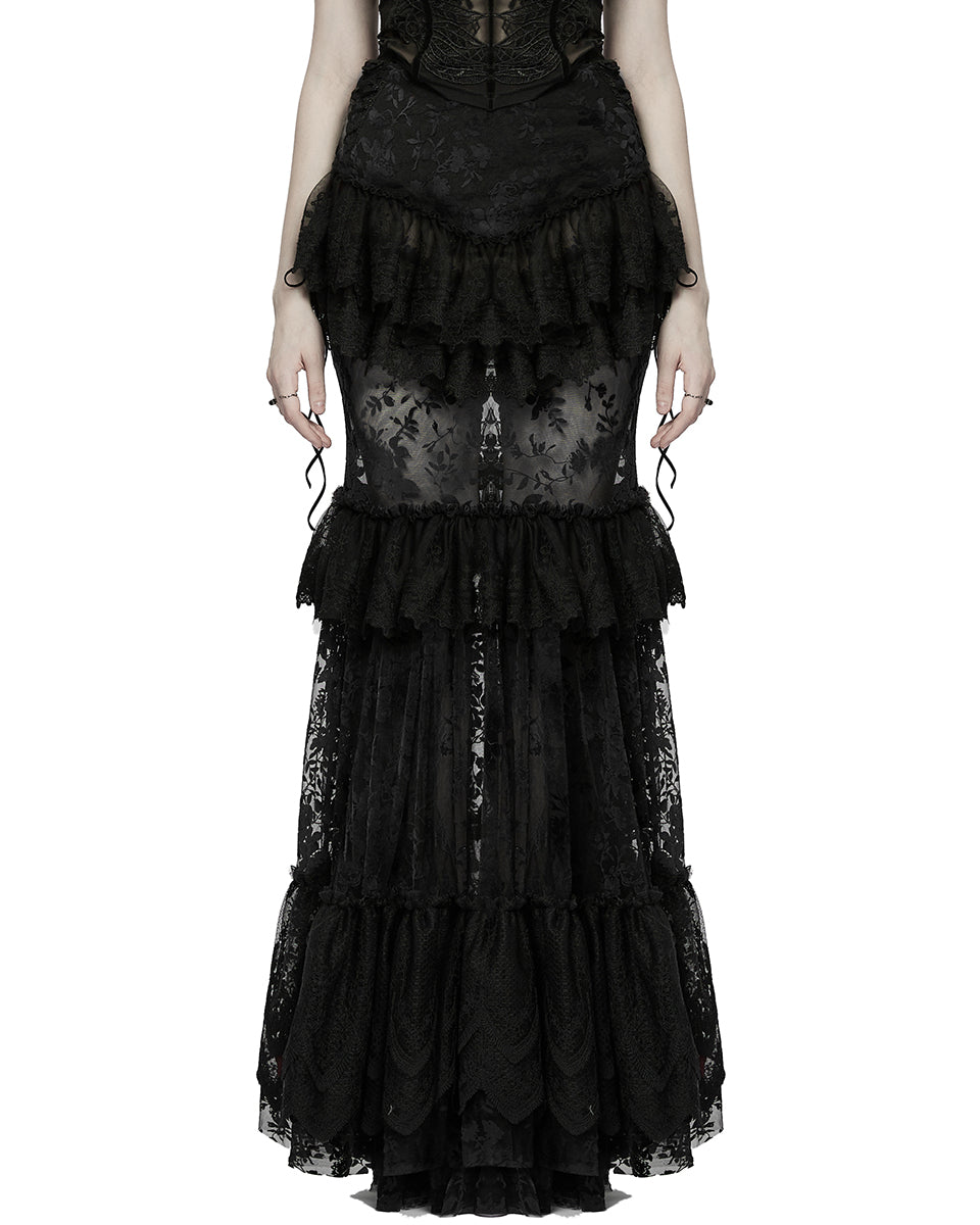 WQ-629 Dark Decadence Flocked Lace Gothic Maxi Skirt