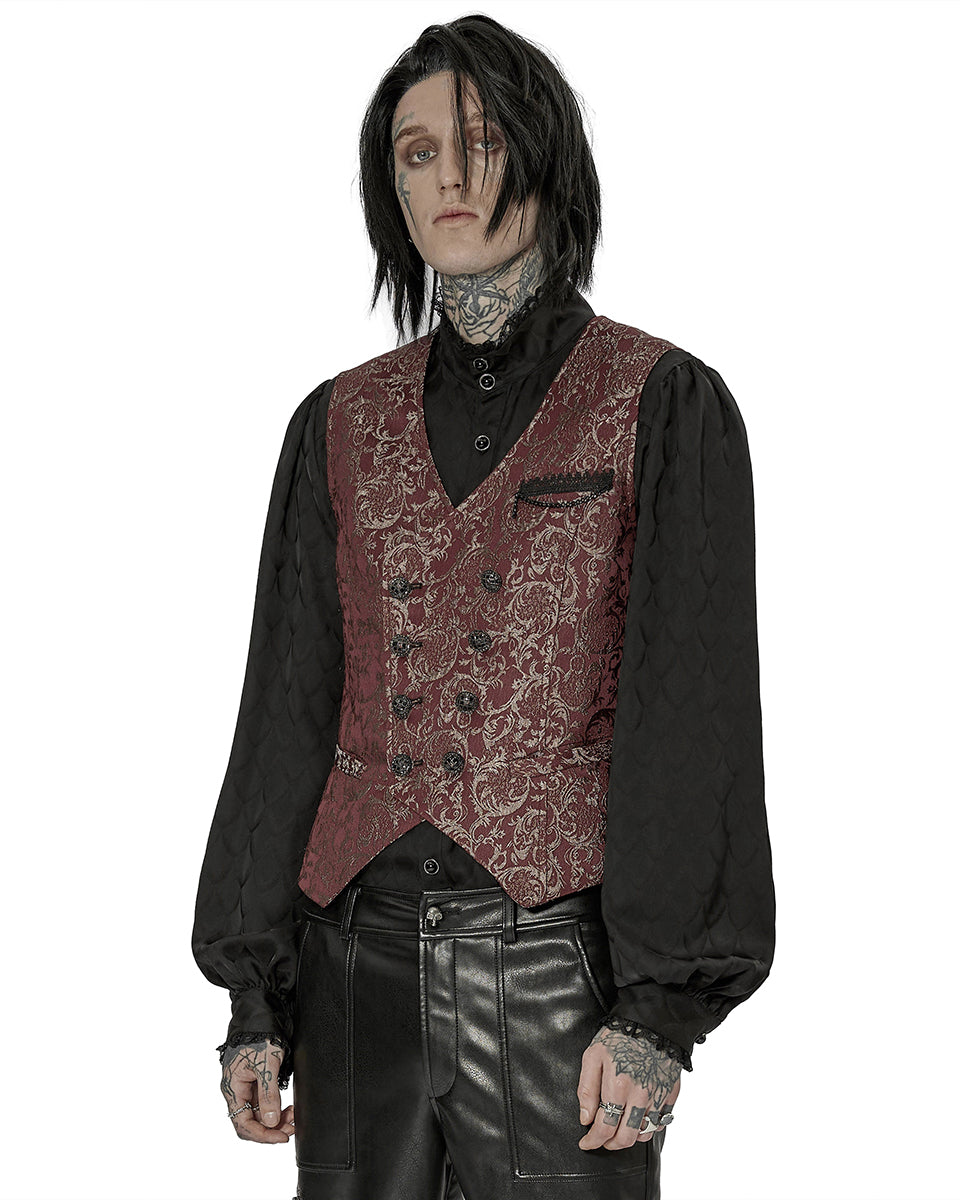 WY-1436 Mens Dark Gothic Aristocrat Chained Waistcoat Vest - Red Jacquard