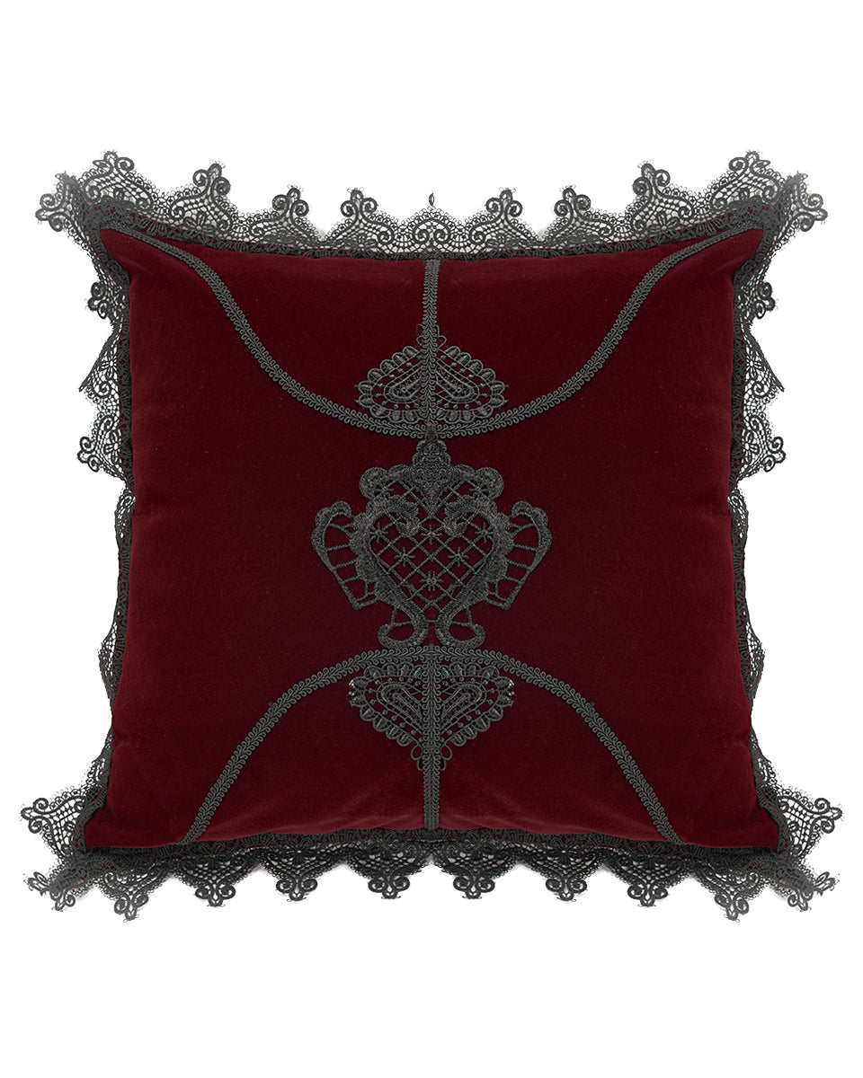 JZ-002 Gothic Home Lace Applique Filled Cushion - Red Velvet