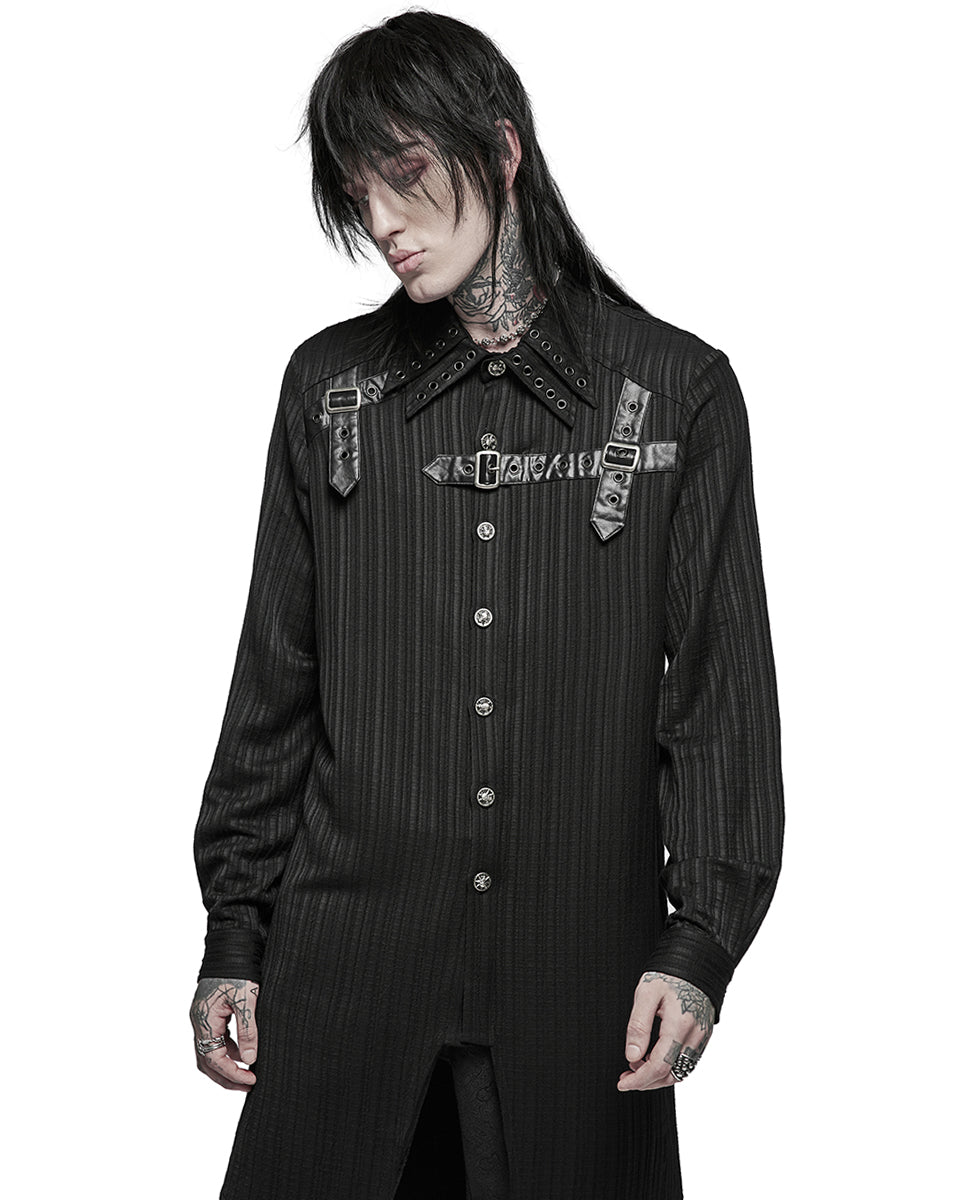 WY-1370 Mens Dark Gothic Longline Dovetail Shirt - Black Stripe