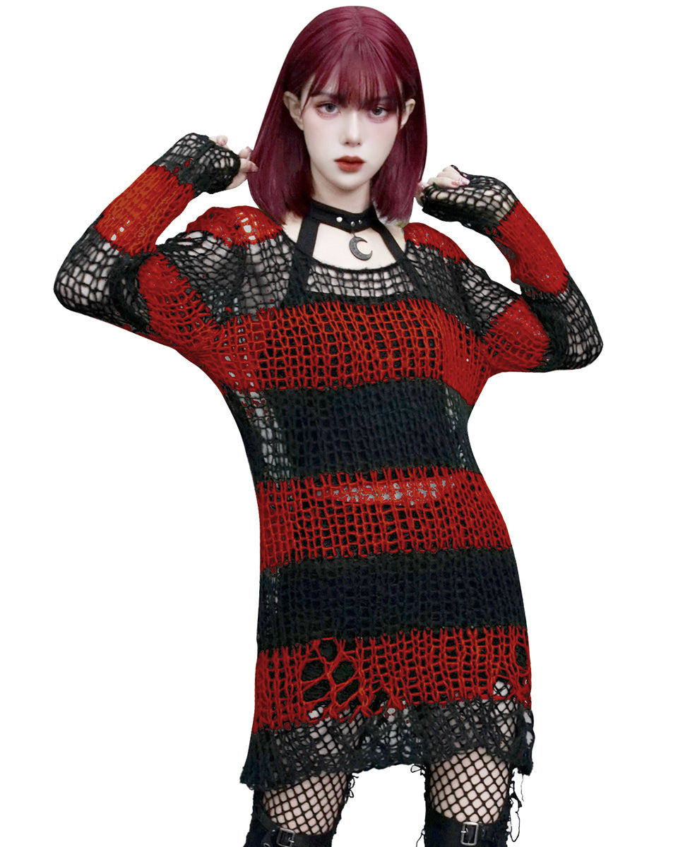 WM-072 Womens Shredded Broken Knit Sweater Top - Black & Red Stripe