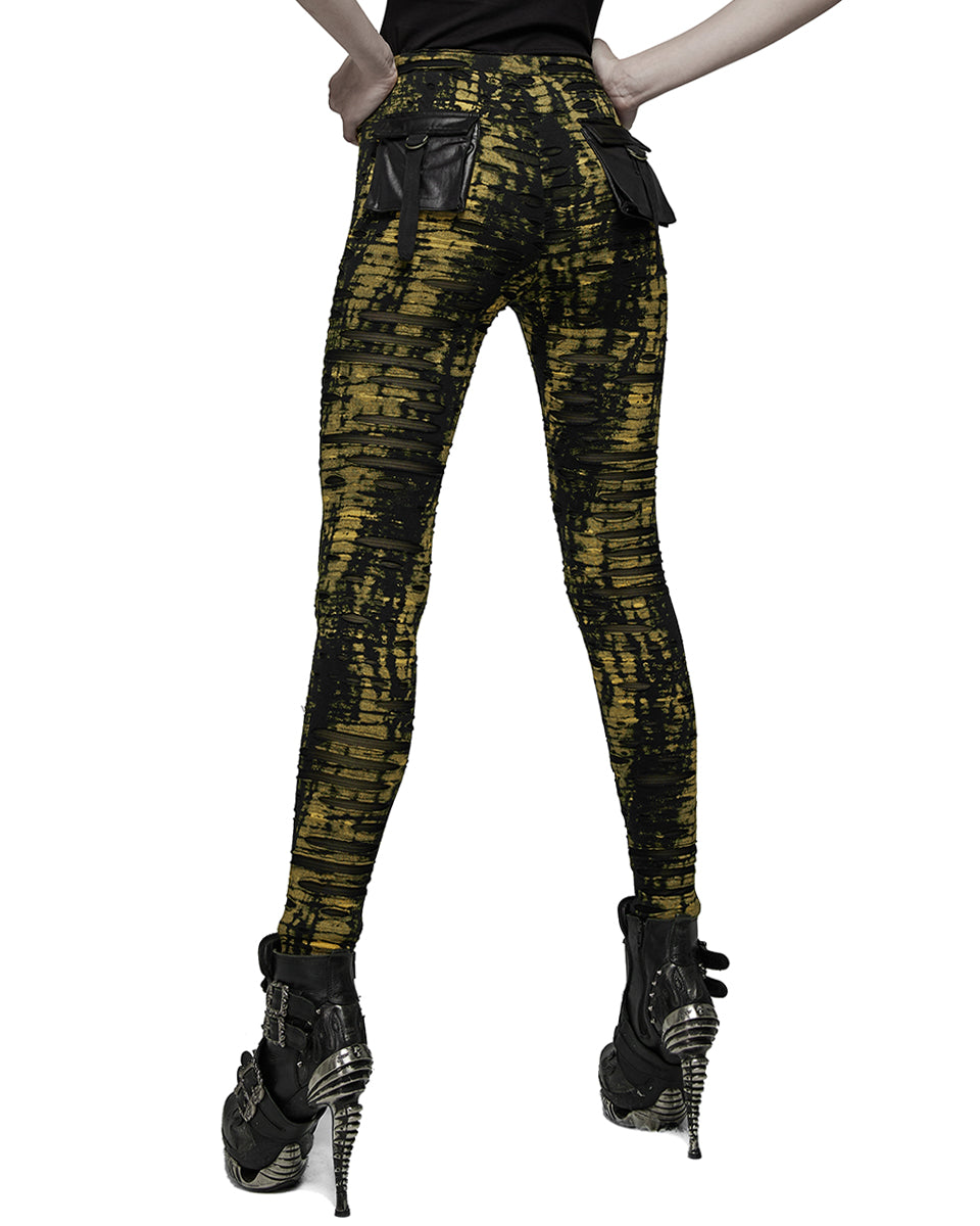 WK-492 Womens Apocalyptic Punk Coated Broken Knit Leggings - Black & Yellow