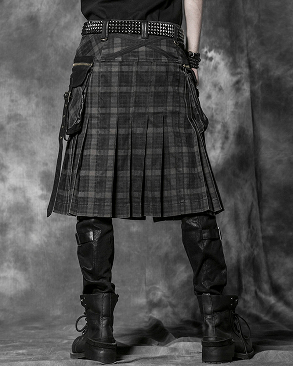 Q-225 Mens Acid Reign Steampunk Utility Kilt - Black & Brown Plaid