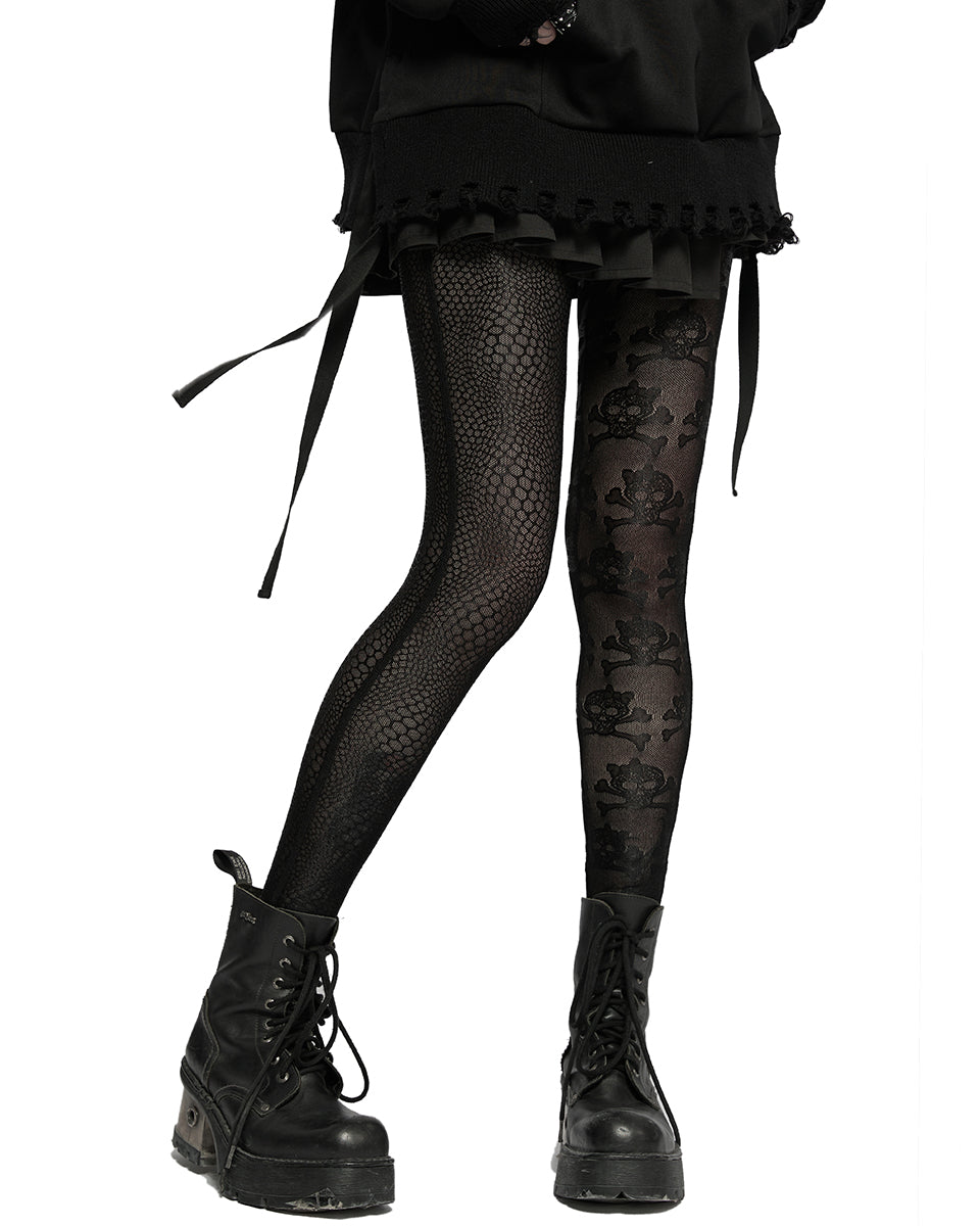 WK-521 Womens Gothic Split Leg Skull Mesh Leggings