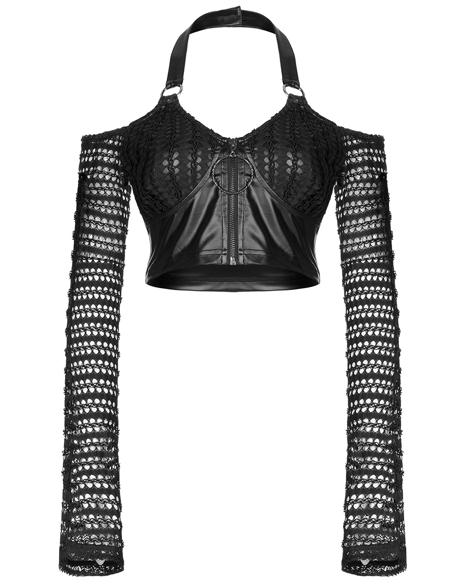 WT-690 Womens Cyberpunk PU & Mesh Off Shoulder Top