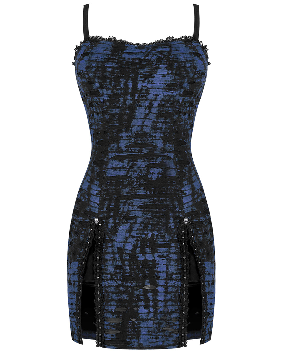 WQ-564 Womens Broken Knit Shredded Mesh Slip Dress - Black & Blue