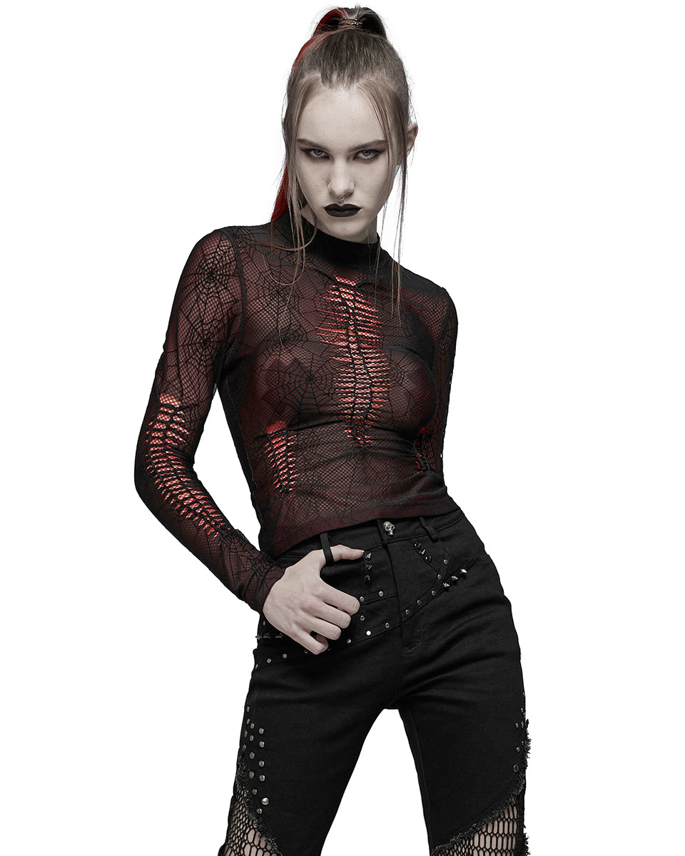 WT-695 Arachnaphilia Womens Shredded Mesh Top - Red