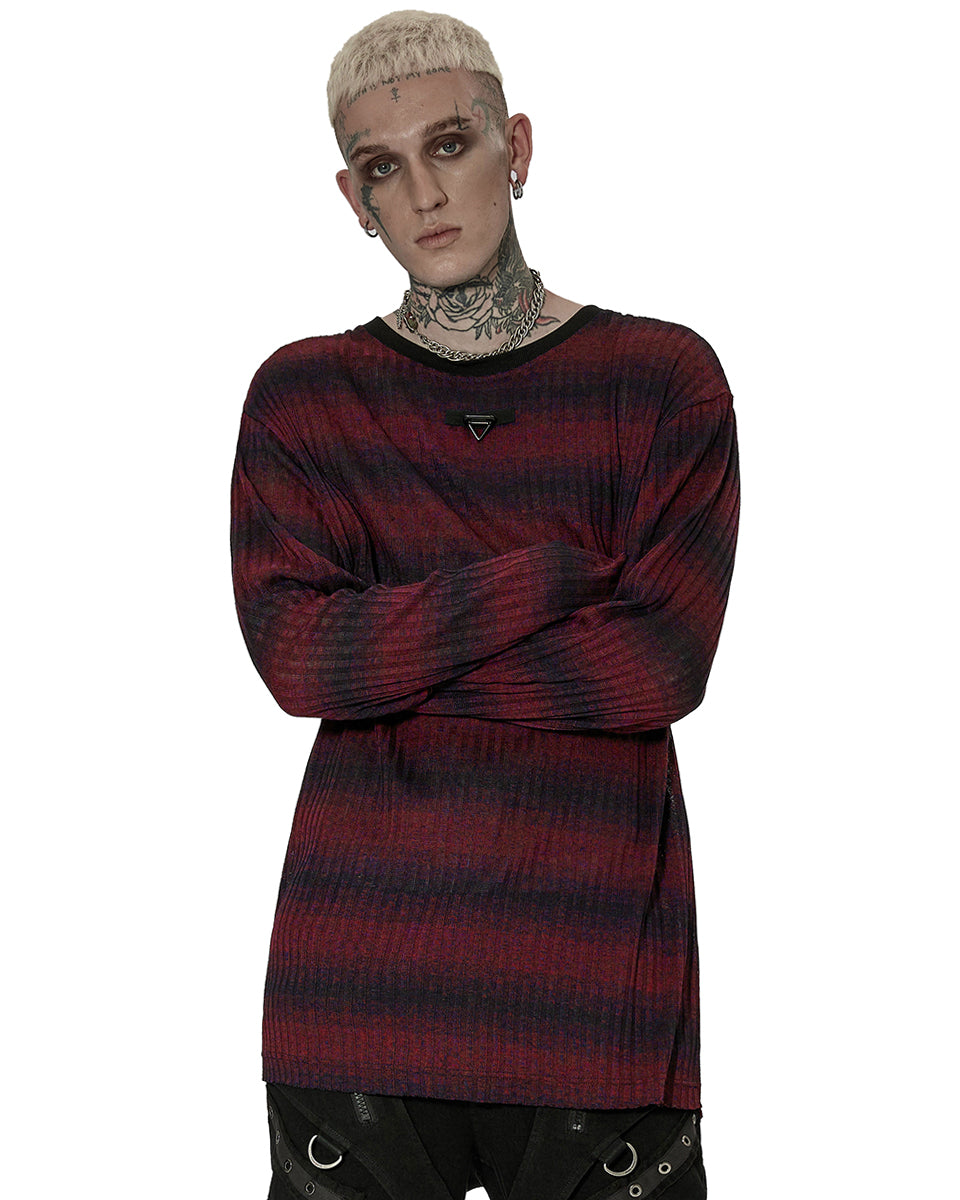 WT-735 Mens Dark Punk Striped Knit Sweater Top - Black & Red