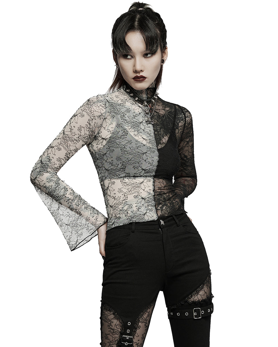 WT-727 Womens Gothic Poison Ivy Sheer Mesh Split Top - Black & White