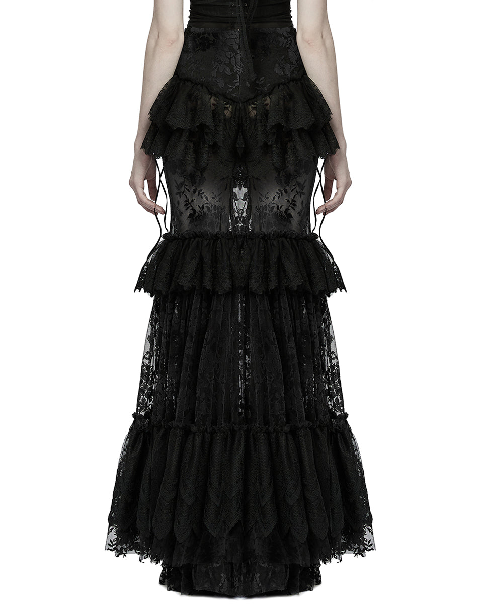 WQ-629 Dark Decadence Flocked Lace Gothic Maxi Skirt