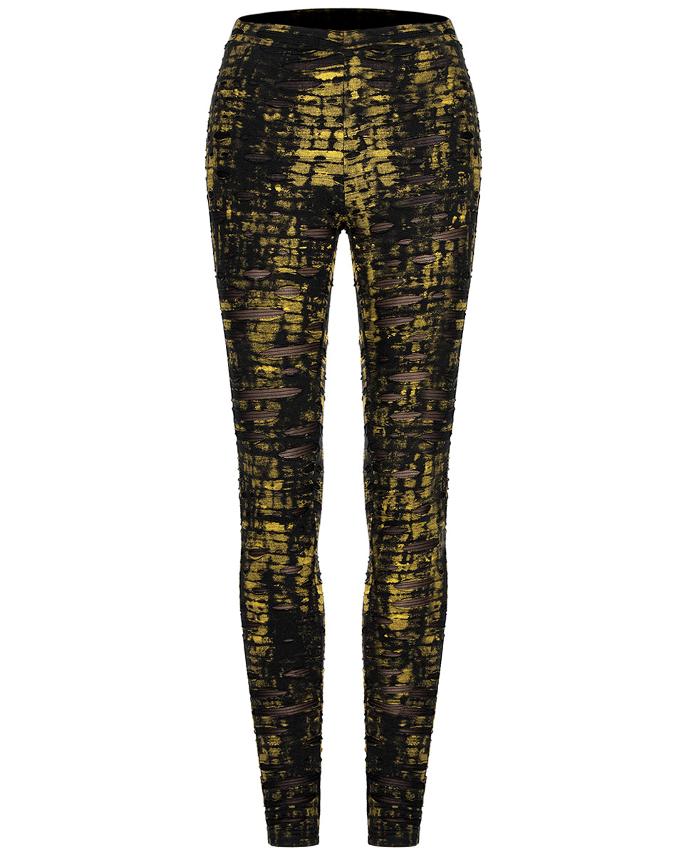 WK-492 Womens Apocalyptic Punk Coated Broken Knit Leggings - Black & Yellow