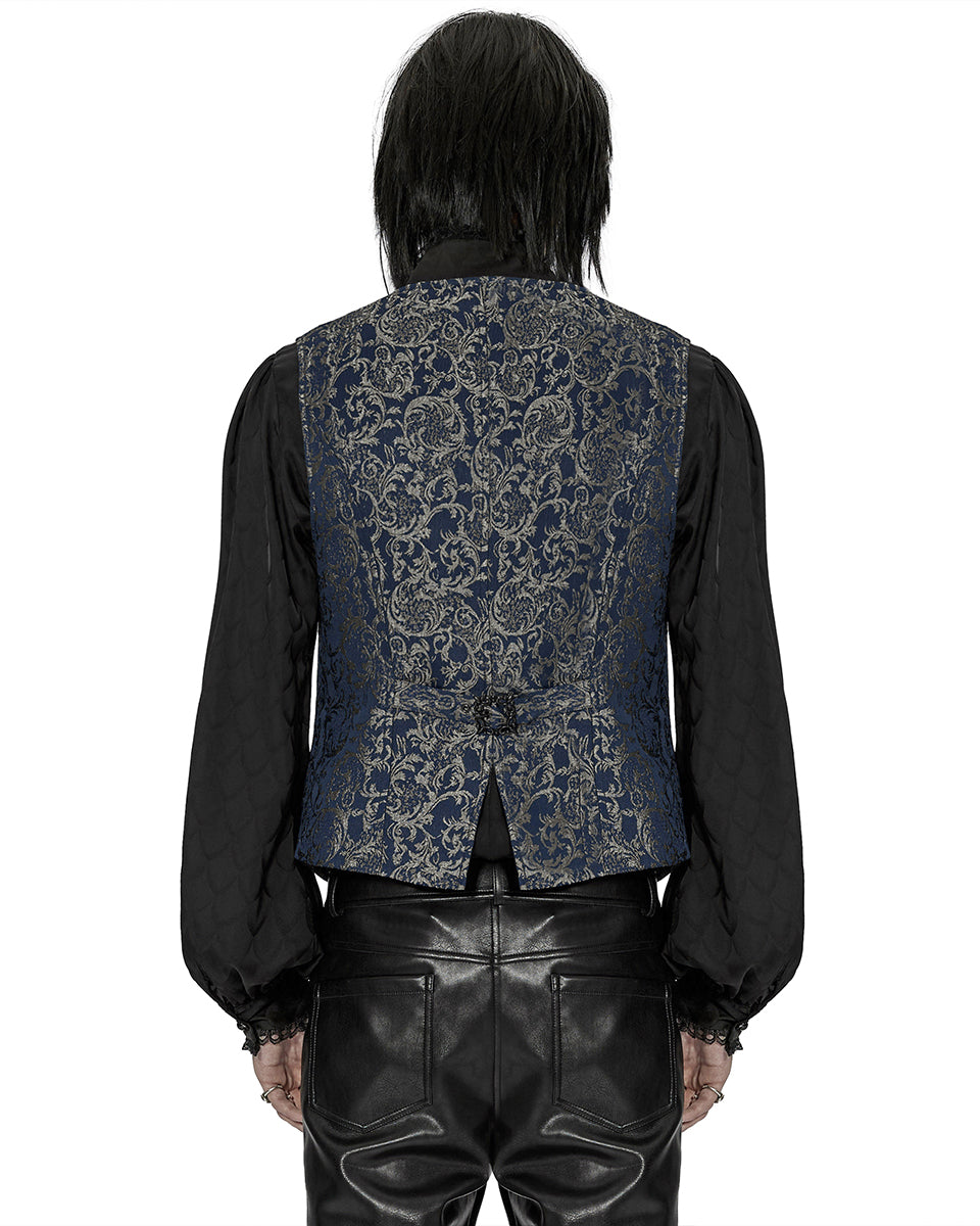 WY-1436 Mens Dark Gothic Aristocrat Chained Waistcoat Vest - Blue Jacquard