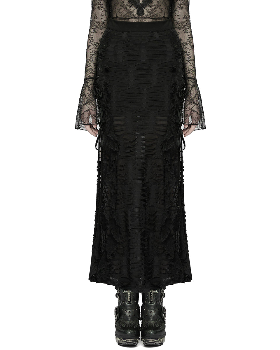 WQ-609 Womens Apocalyptic Gothic Witch Shredded Split Hem Maxi Skirt