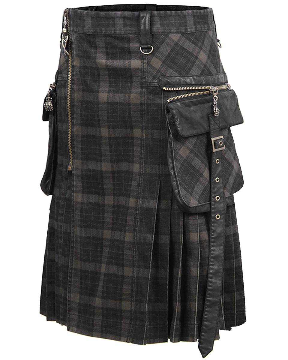 Q-225 Mens Acid Reign Steampunk Utility Kilt - Black & Brown Plaid