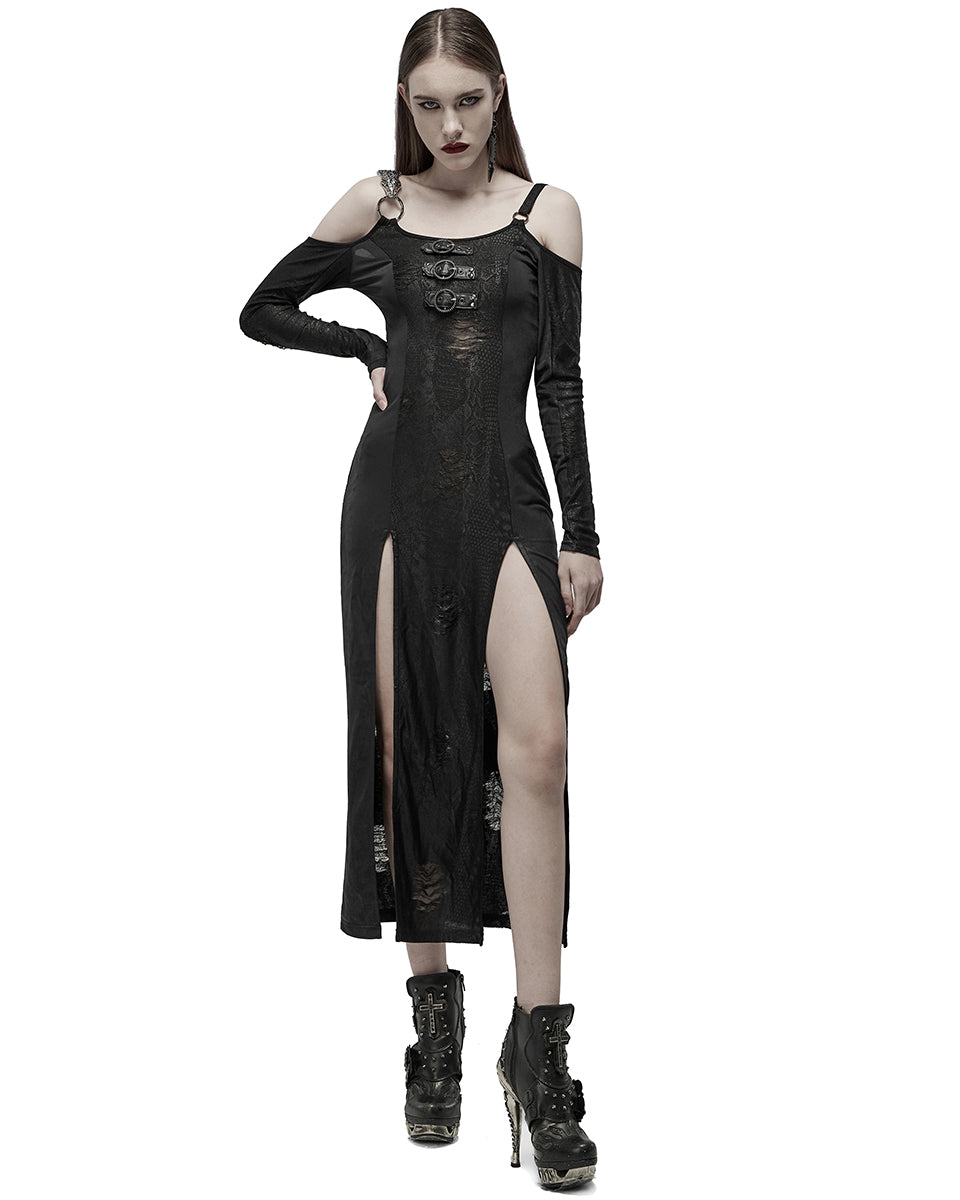 WQ-553 Womens Long Gothic Cyber Punk Serpentine Side Splits Maxi Dress